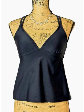 Time And Tru Womens S Tankini Swim Top Black Strappy Back Adjustable Bathing Top